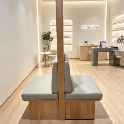 Luxury 2-Seater Booth Bench Sofa Grey Leather Wooden Storage Base Eco-Friendly Durable Waiting Sofa for Beauty Salon Nail Studio
