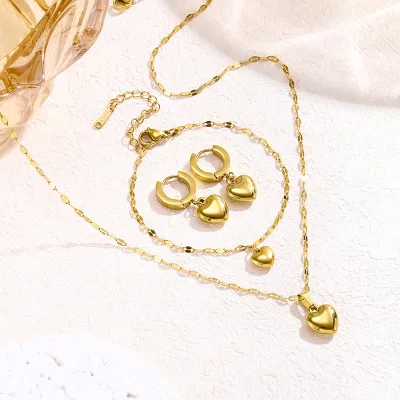 18K PVD Real Gold Plated Women's Vintage Stainless Steel Jewelry Set Love Heart Drop Pendant Earring Necklace Zircon Main Stone