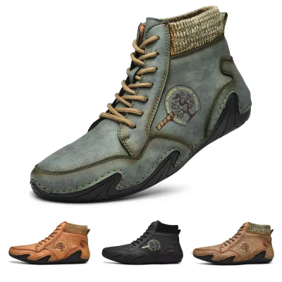 Wholesale Men's High Top Casual Shoes Fashion Microfiber Leather Sneakers with Knit Collar Lace-up Martin Ankle Boots for Men