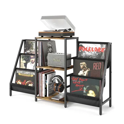 Modern European Iron Wood CD Holder Vinyl Display Shelf Cabinet Storage Table CD Storage Rack