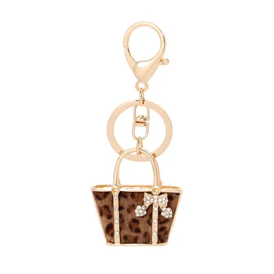 Vintage Leopard Print Plush Handbag Keychain Crystal Bow Inlaid Oil Drip Craft Pendant Elegant Women Bag & Car Key Ornament