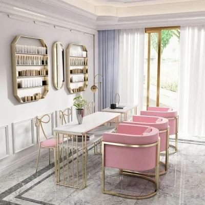 Nail Salon Set Metal Long Tables Vanity Makeup Marble Manicure Furniture Set Nail Table
