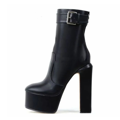 Platform High Heels Female  Boots Black Leather Shoes Plus Size Boots Round Head Zipper Ankle Buckle Booties