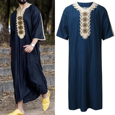 Muslim Arab Men's Loose Casual V-Neck Robe Moroccan Tunic Caftan Breathable Polyester Cotton Handmade Embroidery Ethnic