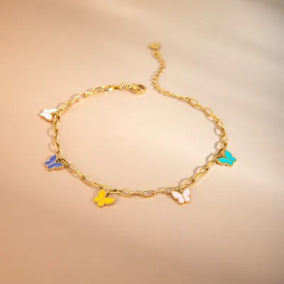 Stainless Steel butterfly Anklet with Colorful Oil Stains, Perfect for Summer Fashion and Trendy Style