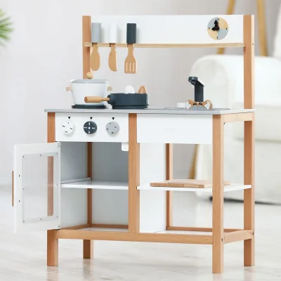 Cheap Price Toy Kitchen Furniture MDF Wooden Happy Kitchen Cooking Toy and Simulated Refrigerator