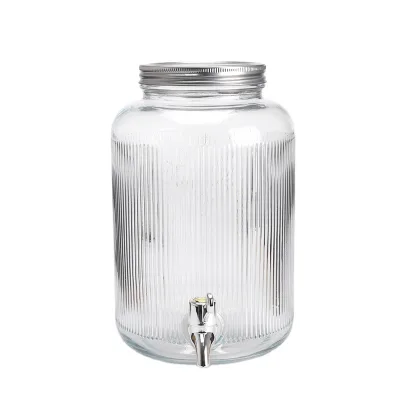 Stripe Decalled Cylinder Shape Glass Beverage Jar in Volume 1gallon 4L 1.5 Gallon 5800ml Juice Water Dispenser with Metal Lid