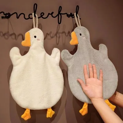 Printed Goose Cartoon Design Square Kitchen Hanging Towel Edging Coral Fleece Texture High Water Absorption for Dishwashing