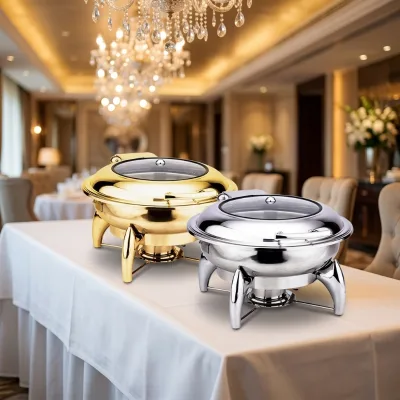 Dual Silver Gold Plated Alcohol-Fueled 6L Capacity Modern Design Buffet Boiler Manual Temperature Control Domed Sight Window Top
