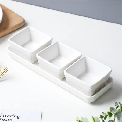 New Design Custom Home Restaurant 3 Pcs Ceramic Soy Sauce Dishes Porcelain Snack Serving Dish With Stand