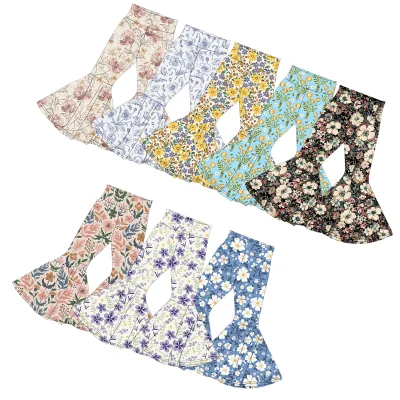Best Seller Toddler Kids Flared Pants, High-Waisted Bamboo Fiber Vintage Floral Print Stylish Girls Daily Wear Custom Bottoms
