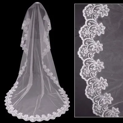 108'' Long Appliqued Bridal 1 Layer Lace Edge Cathedral Veil Soft Tulle Wedding for Brides Shower