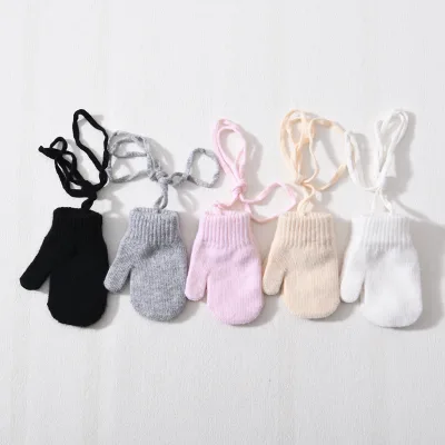 Custom Solid Color Wholesale Full Finger Mittens With String Baby Stretchy Thick Warm Boys and Girls Knit Winter Gloves for Kids