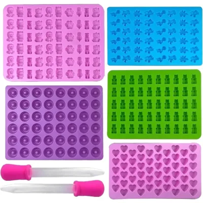 5pcs Candy Silicone Moulds With 2 Dropper Set Candy Gummy Molds Jelly Trays Mold Set Reusable Candy Baking Mold Kitchen Tools