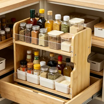 Custom Engraved Bamboo Spice Jar Organizer Multi Layer Kitchen Accessories Seasoning Bottle Display Rack Factory Wholesale