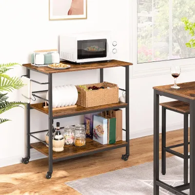 Factory Bestseller Countryside-style Farm Kitchen Cart with Three-tier Storage Space Sturdy Iron Legs and Smooth Rolling Wheels