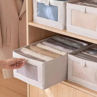 Foldable 3-Compartment Window Modern Minimalist 18L Large Capacity Cotton-Linen Fabric Clothing Storage Wardrobe Box Drawer-Type