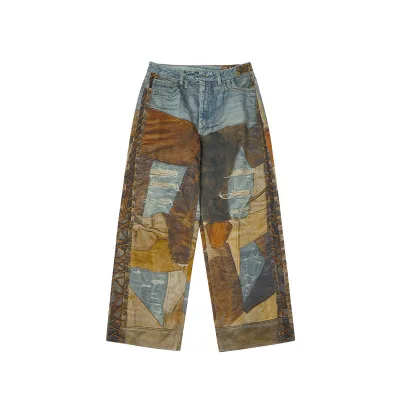 Custom Designer Men's Denim Jeans Vintage Straight Style With 3D Tattered Deconstructed Selvedge Ripped Wide Leg Overalls