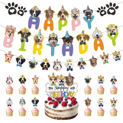 Happy Birthday Pet Banner Dog Pulling Theme Flag Decoration for Birthday Party Paper Material