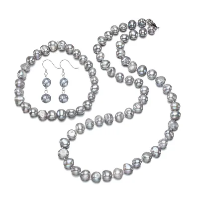 8mm Baroque Nugget Silver Grey Gray Color Fresh Water Freshwater Real Wholesale Triple Pearl Jewelry Set