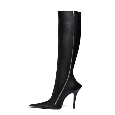 Knee High Boots Pointed Toe Stiletto Heel Cloth Upper Side Zipper Black Dress Boots for Women Spring Summer Autumn Winter