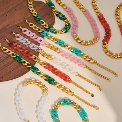 Handmade Stainless Steel Colorful Acrylic Curb Chain Twist Oval Link Necklace Bracelet Mixed Color CCB Plastic Linking Necklace