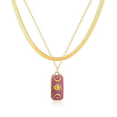 Double-Layer Titanium Steel Demon Eye Necklace Gold Plated Star Moon Pendant Classic Geometric Style for Gift Layered Necklace
