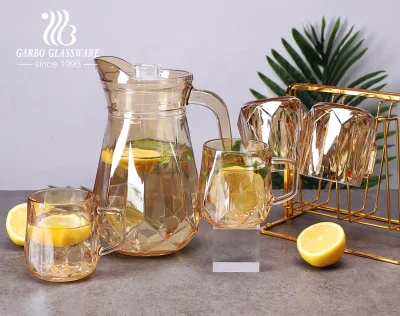 Stock Amber Colored Water Glass Jug Set with Lid 5pcs Glass Jug Set Ion-plating Gold Colored Drinking Glass Jug Set with Mug