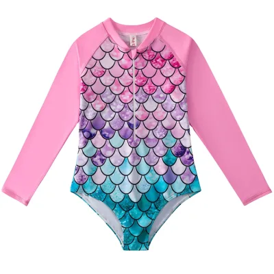 European American Mermaid Fishscale One-piece Long Sleeve Girls' Hot Spring Swimsuit with Anti-UV & Quick Dry Features
