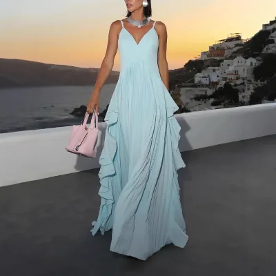 New Summer Women's Sexy V Neck Jacquard Cashmere Long Dress Solid Color Lace Midi Boho Beach Style Loose Fit Fashionable Ladies