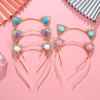 Animal Cat Ear Hair Hoop Resin Flower Crystal Headbands for Women Girls Kids Hair Accessories