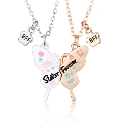 Best Friend Magnetic Butterfly Charm Link Chain Necklace for Children 14K Gold Plated Sister Forever BFF