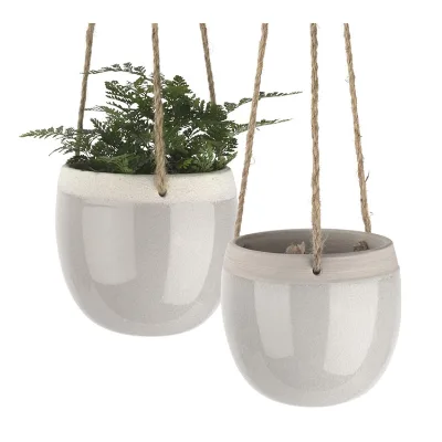 14cm Indoor Hanging Pots Modern Plant Holder with Jute Rope for Succulents Cactus Herbs Small Plants Home Decor Gift Light Grey