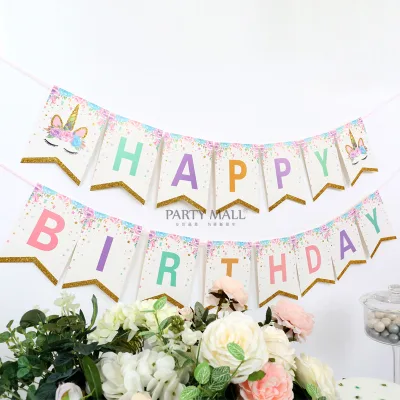 New Cartoon Unicorn Paper Birthday Party Flags Happy Birthday Banner 100pcs Kids Decoration