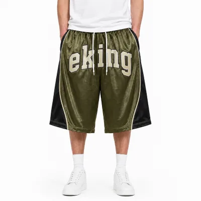 Custom Smooth Satin Fabric Logo Print 3/4 Baggy Shorts High Streetwear Oversized Retro Capris Baggy Basketball Shorts for Men