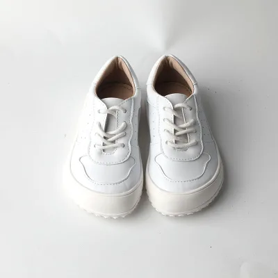 Kids White Leather Lace-Up School Shoes, Breathable Perforated Student Uniform Sneakers for Boys and Girls, Non-Slip Rubber Sole