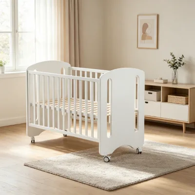 Wholesale Modern Pine Wood 3-Level Adjustable Bed Board Baby Crib with Casters for Nursery Bedroom