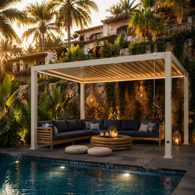 Shock Resistant Hand Operated Aluminum Louver Gazebo Double Stacked Integrated Louvers Industrial Grey Finish LED Strip