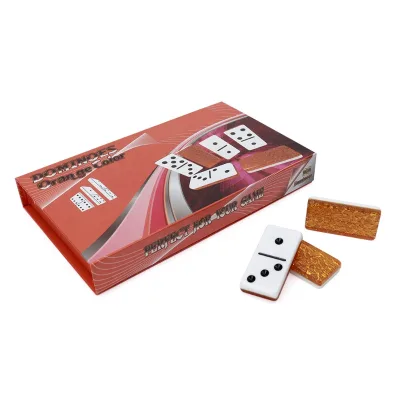 Accept Custom Double 6 Acrylic Domino Set Gold Two Tones with Black Dot in Paper Box Manufacture for Adult Kids Playing Game