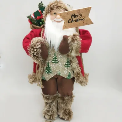 Small Brass Santa Claus Figurine with a Wooden Sign Home Decor Christmas Gift