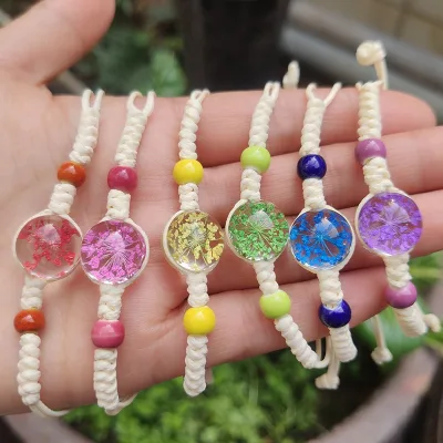 Handmade Dried Flower Ball Bracelet Boho Pressed Flower Bracelet, Colorful Beaded Woven Friendship Bracelets,Adjustable bracelet