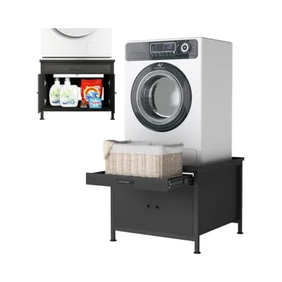 Heavy-Duty 29\" Pedestal Washer Dryer Platform Base Stand Universal Fit Laundry Basket Shelf Built-In Drain Hose