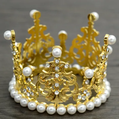 3"*2.2" Mini Tiara Cake Topper Gold Crystal Pearl Vintage Wedding Cake Crown Birthday Baby Shower Cake Topper