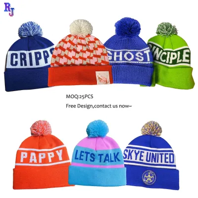 Wholesale Custom Jacquard Beanie 100% Acrylic Your Own Embroidery Logo Fashion Knitted Beanie Hat Custom Winter Hat With Pom Pom