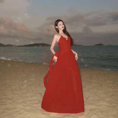 Wholesale Beach Vacation Dress Summer Red Backless Long Dress Desert Skirt