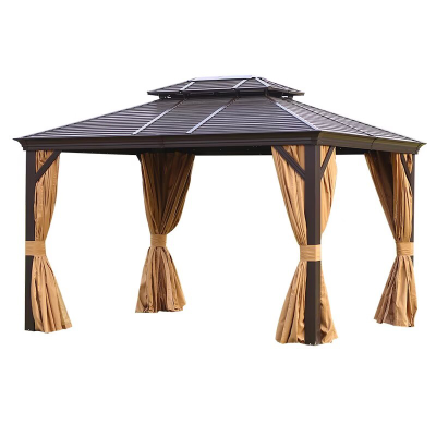 Outdoor Gazebo with Netting and Curtains with Galvanized Steel Double Roof 10' X 12' Hardtop Gazebo