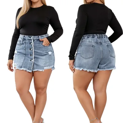 Women's Plus Size Denim Skirt Distressed Raw Hem High Waist Mini A-Line Jean Casual Ripped Frayed Edge Blue Black Lady Bottoms
