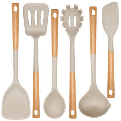 6-Pcs Silicone Kitchen Utensils Set Wood Handle BPA-Free Food Grade