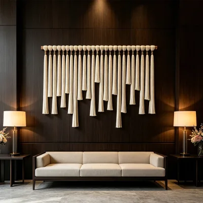 Modern Wabi Sabi Luxury Bespoke Handwoven Asymmetrical Tassel Macrame Wall Hanging for Living Room
