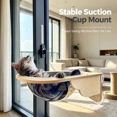 Wall Mounted Wood Cat Perch Clear Acrylic Dome Easy Install Suction Base Modern Pet Lounger for Apartment Balcony Carton